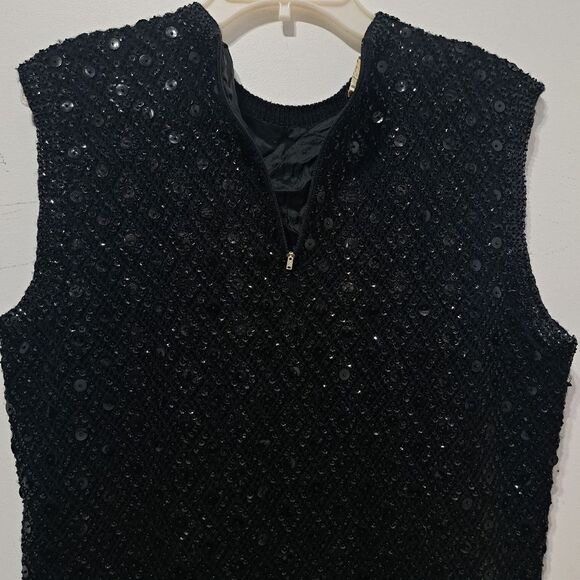 Vintage Cyn Les Wool Hand Beaded Sequin Sleeveless Top Size 40 Black - Picture 16 of 17